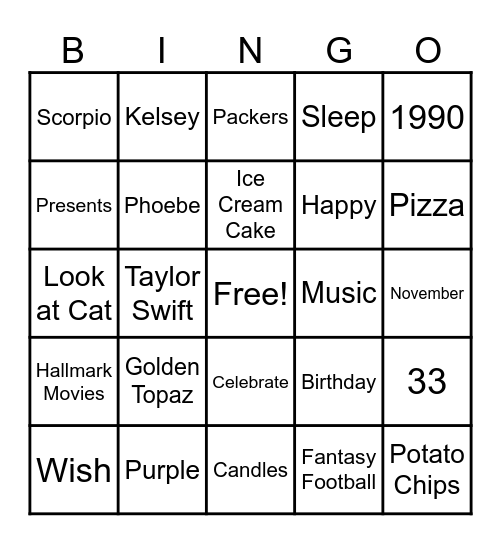 Kelsey's Birthday Bingo Card