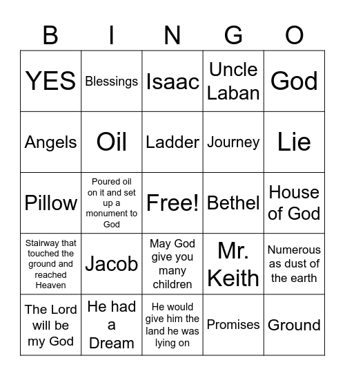 Jacob's Dream Bingo Card