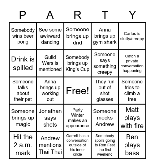 Secret Party Bingo Card