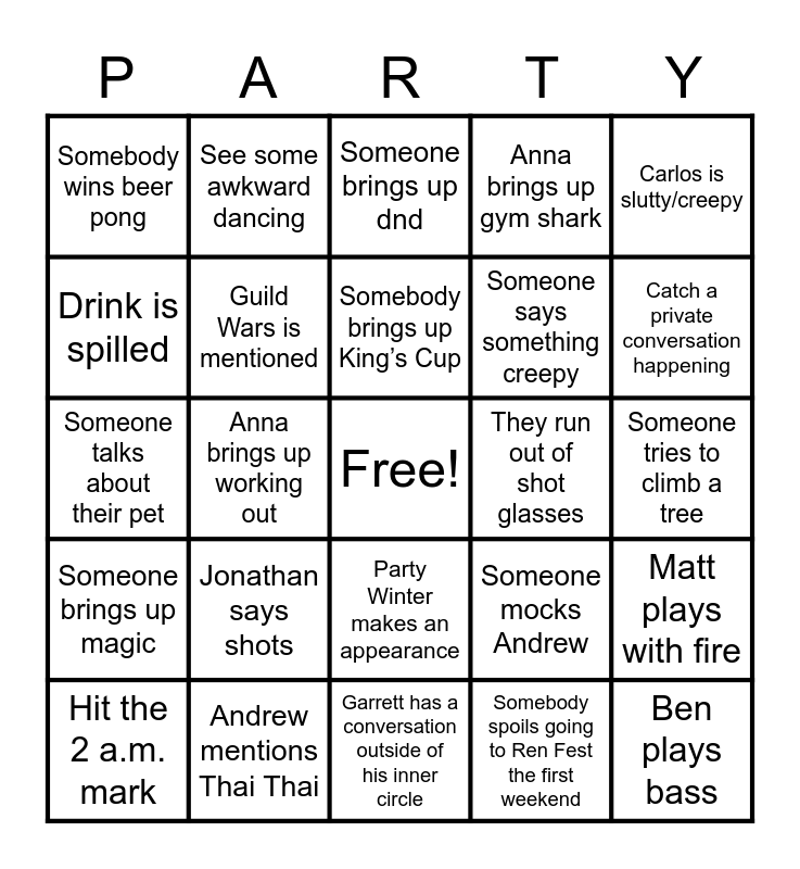 Secret Party Bingo Card