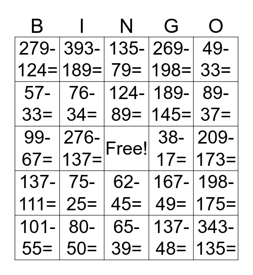 SUBTRACTION BINGO Card