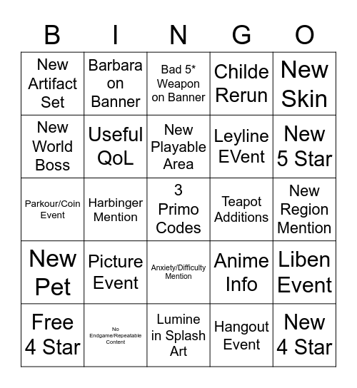 Genshin Livestream Bingo Card