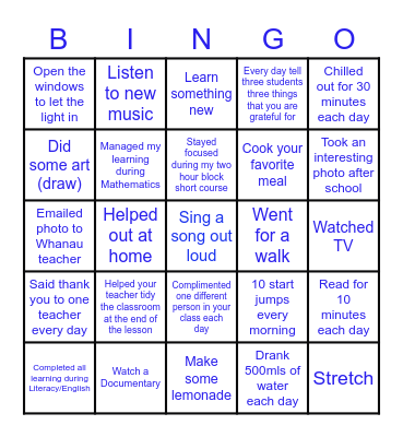 Wellbeing Bingo Card