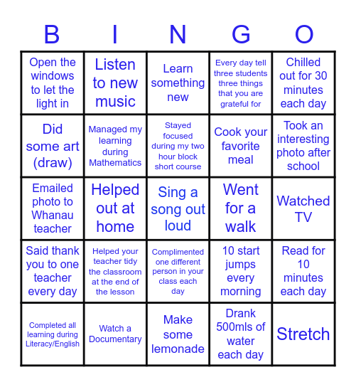 Wellbeing Bingo Card