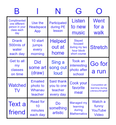 Wellbeing Bingo Card
