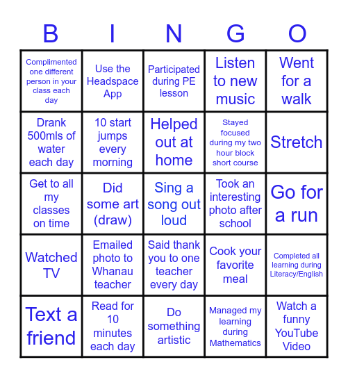 Wellbeing Bingo Card