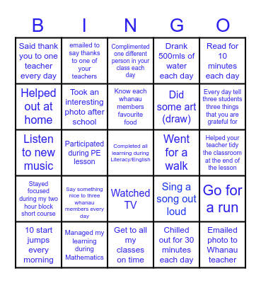 Whanau Wellbeing Bingo Card