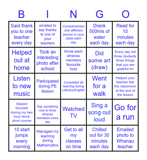 Whanau Wellbeing Bingo Card