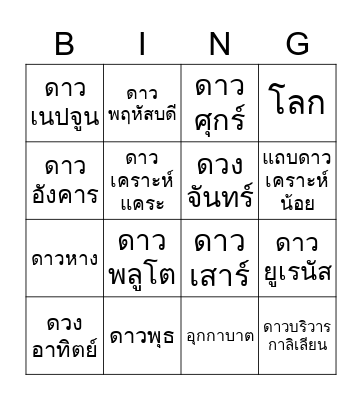 Solar System Bingo Card