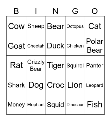 Animals Bingo Card