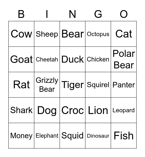 Animals Bingo Card