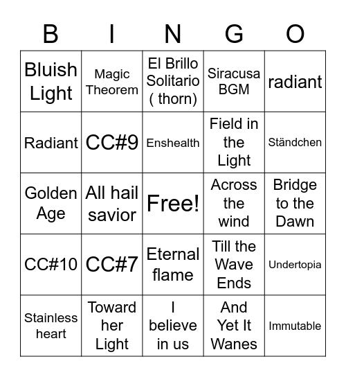 song that will appear on concert Bingo Card