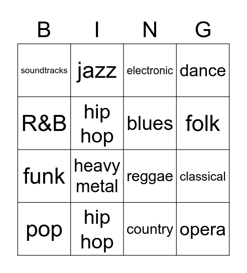 Types of Music Bingo Card