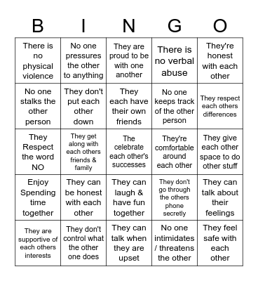 Healthy Relationship Bingo Card