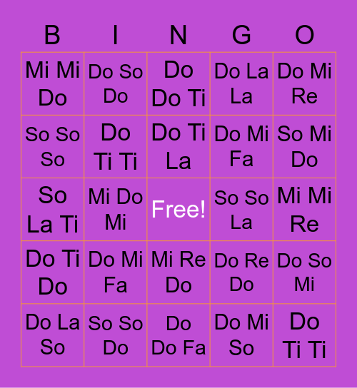 Solfege Bingo 1 Bingo Card