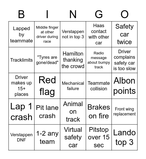 F1 Bingo KVZ630 edition Bingo Card