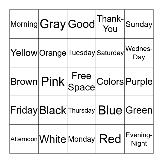 Days of week and colors Bingo Card
