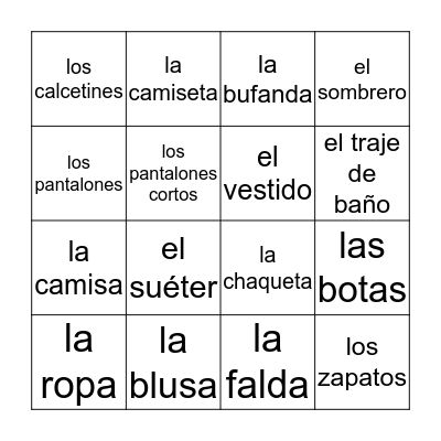 Moda/Ropa Bingo Card