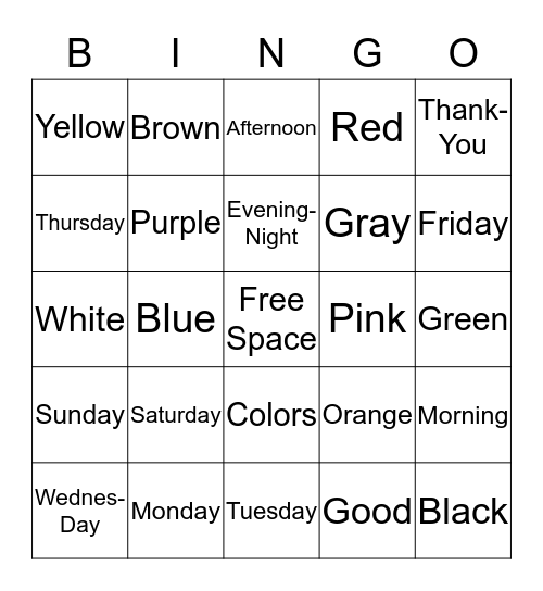Days of Week and Colors Bingo Card