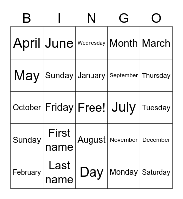Months, Days, and Other Words Bingo Card