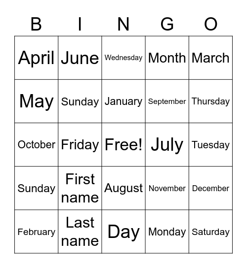 Months, Days, and Other Words Bingo Card