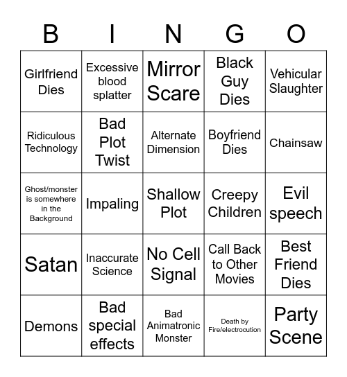 Bad Horror Movie Bingo Card