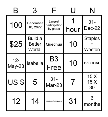 B3 Bingo Card