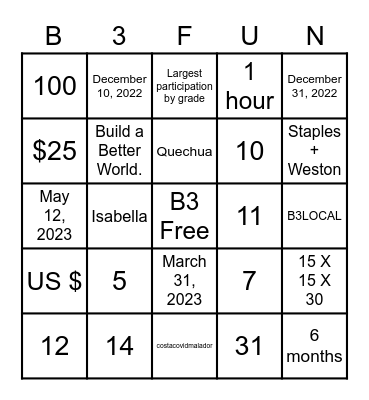 B3 Bingo Card