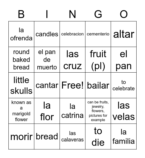 Hispanic Celebrations Vocabulary Bingo Card