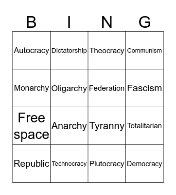 Forms of Government  Bingo Card