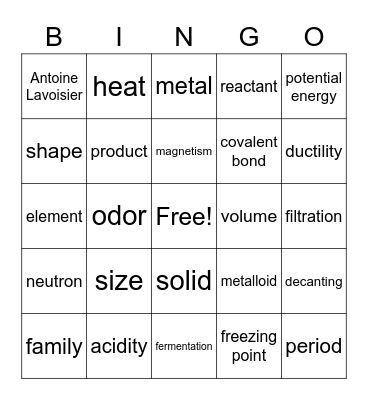 Properties of Matter Bingo Card