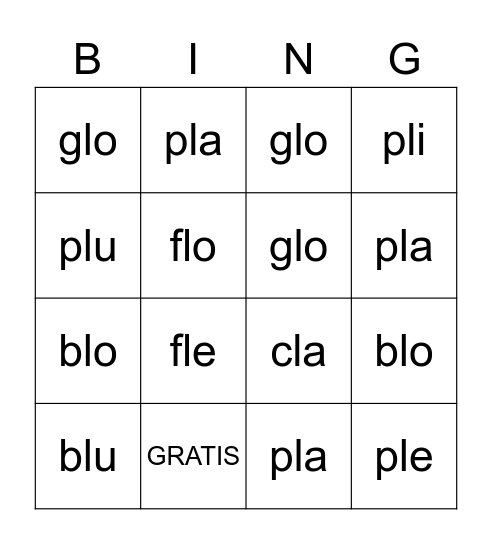 Silabas trabadas Bingo Card