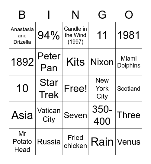 Mixed Trivia - Dignity Memorial Bingo Card