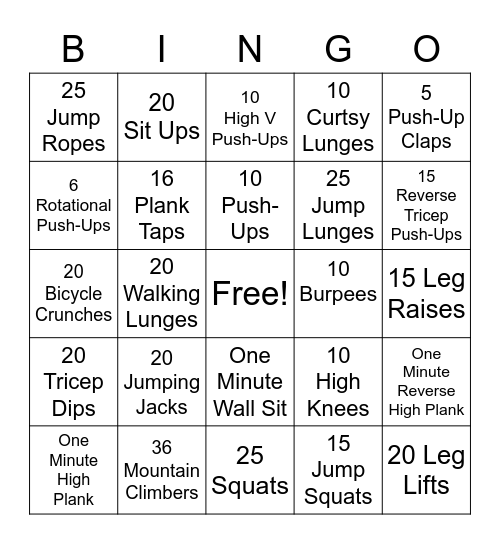 Danceline Get Fit November Bingo Card