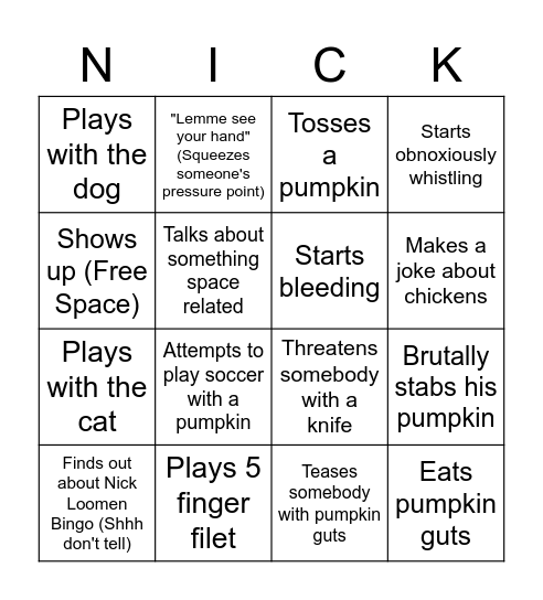 Nick Loomen Bingo! Bingo Card