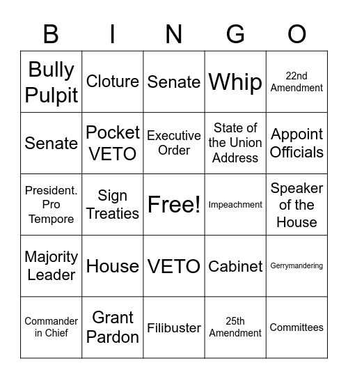 Legislative and Executive Branch Bingo Card