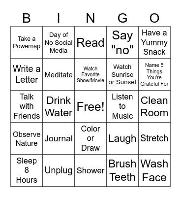 Self Care Bingo Card