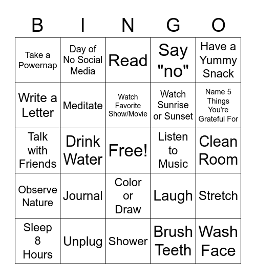 Self Care Bingo Card