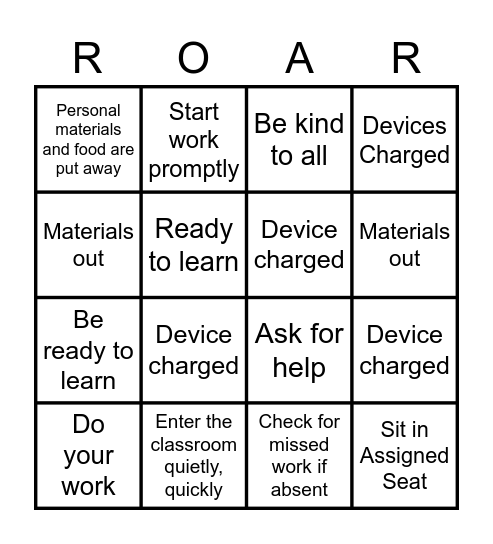 ROAR 2 Bingo Card