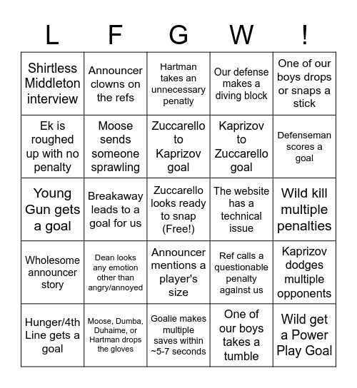 MN Wild 2022-2023 season Bingo Card