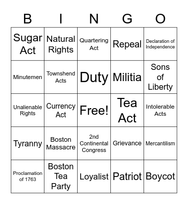 Road to Revolution Bingo Card