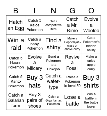Sword and Shield Bingo Card