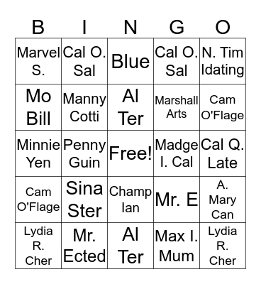 Vocabulary Costume Character Bingo 2015! Bingo Card