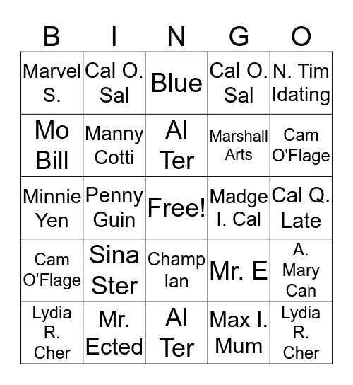 Vocabulary Costume Character Bingo 2015! Bingo Card