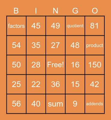 Math Facts Bingo Card