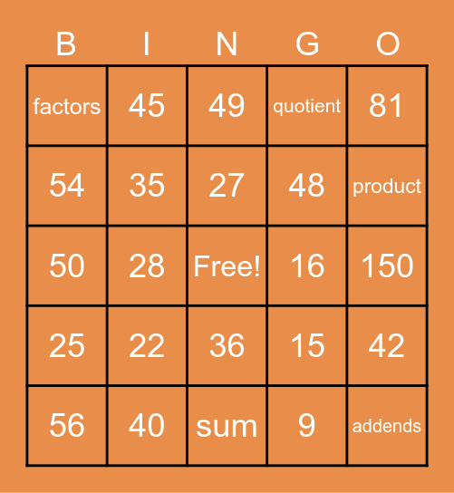 Math Facts Bingo Card