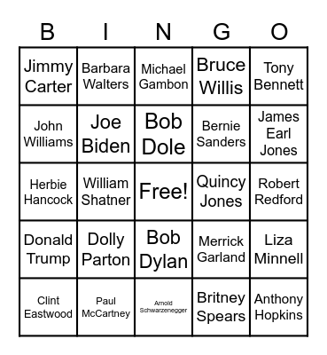 Dead Celebrities Bingo Card