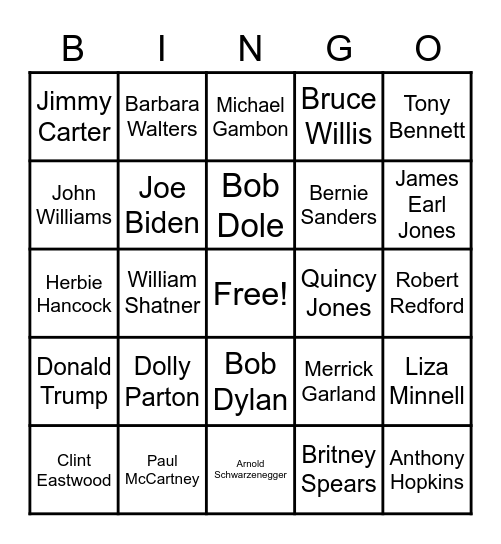 Dead Celebrities Bingo Card