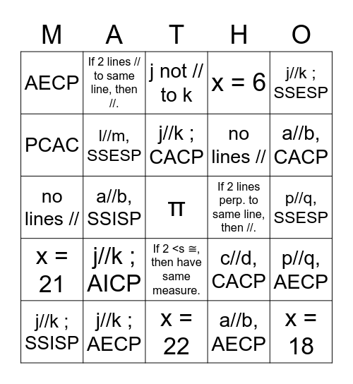 3.3-3.4 Geometry Review Bingo Card