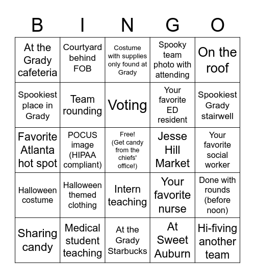 Grady Halloween Bingo Card